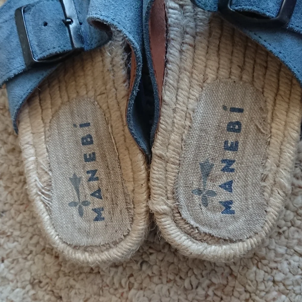Manebi Nordic Espadrille blue suede Slides size 6.5